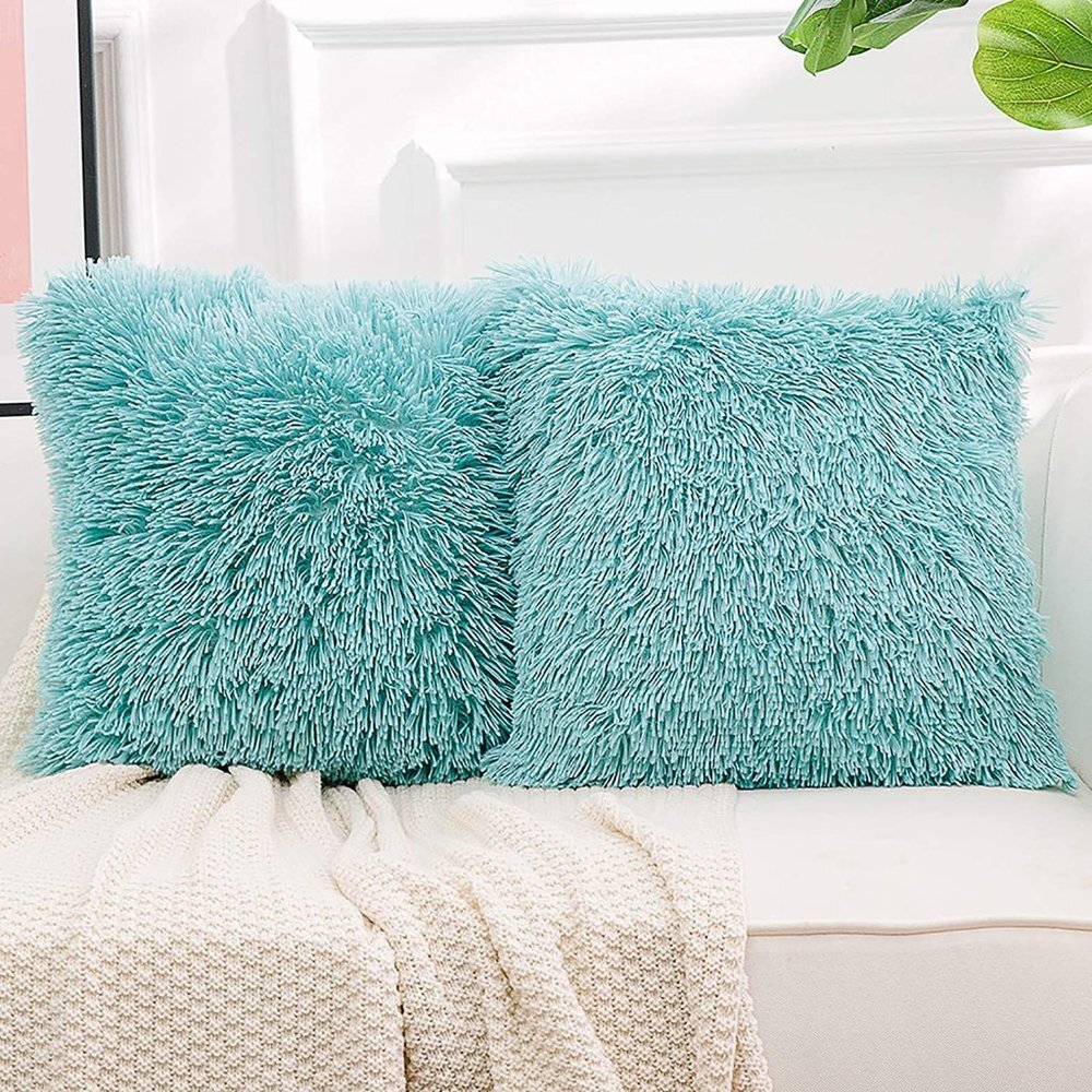 Teal Luxury Furry Adorable Trendy Throw Pillow Decor Cover Set Bedroom/Sofa